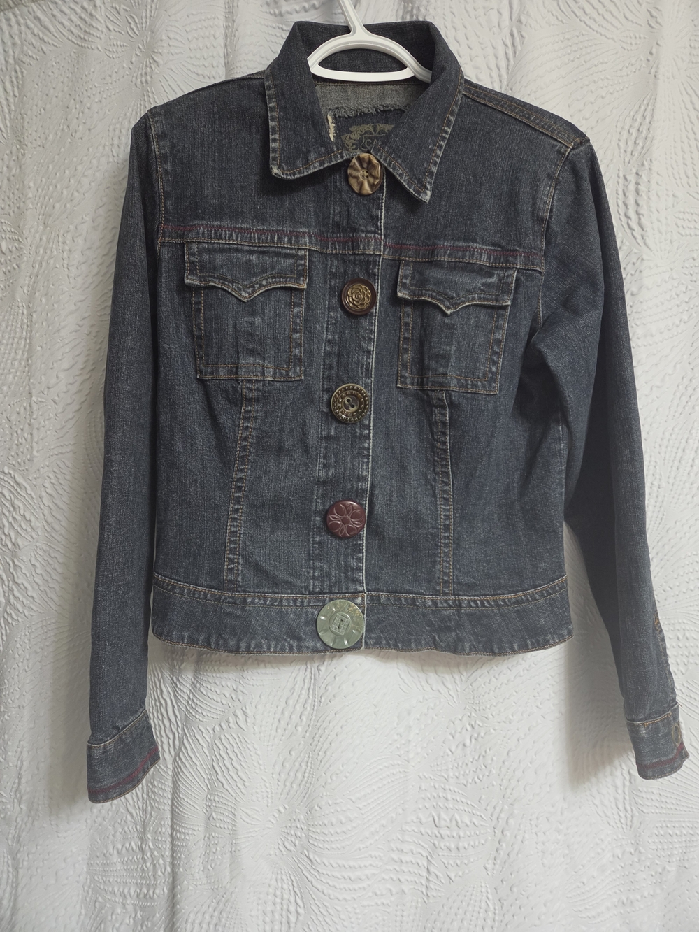 Vintage CAbi Dark Blue Denim Jacket with Mixed Decorative Buttons